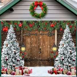 Christmas Garage Door Decorations Cover Banner Backdrop,Winter Holiday Garage Door Cover Banner,Barn Snow Xmas Tree Gifts Christmas Single Garage Door Banner for Outdoor Holiday Decoration Large 7x8ft