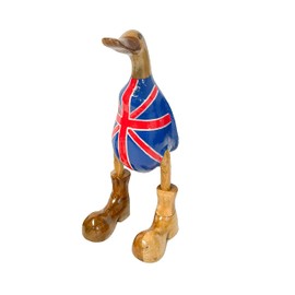 My Family House Hand Carved British Flag Duck Ornament with Welly Boots Fair Trade Novelty Bamboo Root Sculpture Home Decor Indoor Painted Ducks