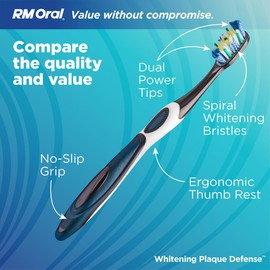 RM Oral RM Oral Whitening Plaque Defense Medium Toothbrush, Spiral BristlesFor Superb Whitening,Power Tips for Removing Plaque, Tongue & Cheek Cleaner Fights Bad Breath, 2 Pack