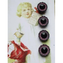 Set of 4~ Vintage 1/2"  black Pink  Lace painted Edge Glass Buttons ~NOS