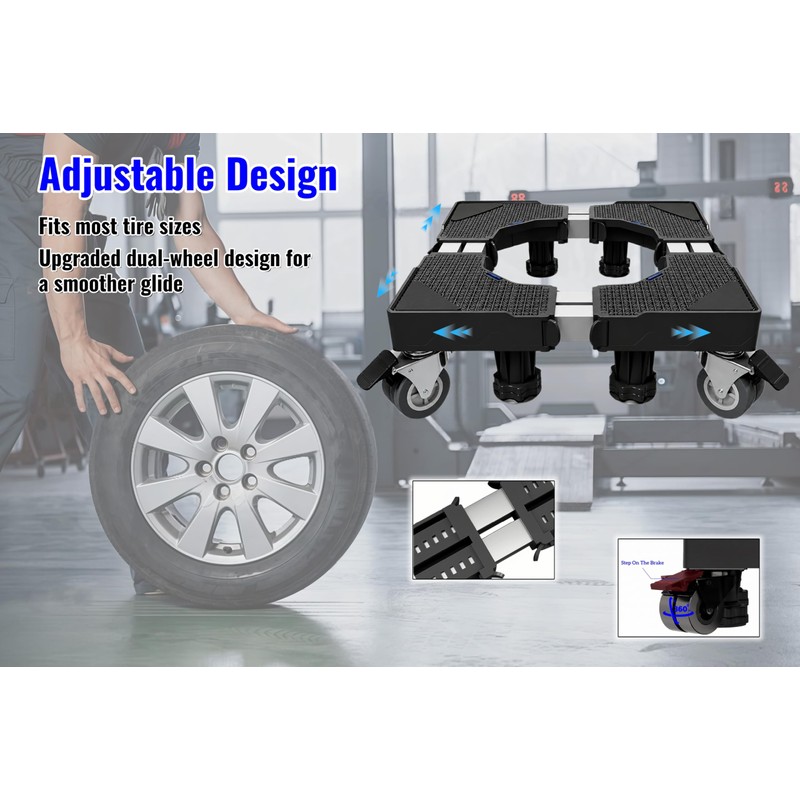 Adjustable Tire Dolly 500lb Capacity Rolling Storage Rack for Garage