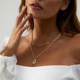 Tasiso 14K Gold Layered Initial Pendant Necklace Layering Paperclip Chain Choker Necklace for Women Dainty Square A-Z Alphabet Letter Necklace Jewelry Gifts G