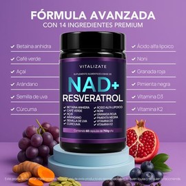 NAD+ Resveratrol Original - Suplemento Con 14+ Ingredientes | Complejo Incluye Resveratrol, Betaina, Acido Alfa Lipoico, Vitamina D3 + K2 y MÁS | (60 