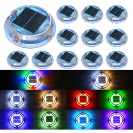 Quntis 12 Pack Outdoor Solar Deck Lights Multicolored - 11 Lighting Modes Aluminum Alloy Solar Driveway Maker - IP68 Outdoor Waterproof Dock Marine Lights for Warning Step Sidewalk Pathway Garden