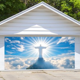 Jesus Cross Garage Door Backdrop, 8 x 7 ft Easter Jesus Christ in The Sky Resurrection Heavenly Light Clouds Blue Sky Garage Door Decoration Cover, Church Event Wall Hanging Banner