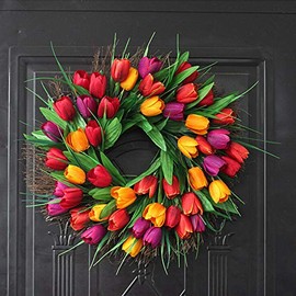 DAMEING 18Inch Tulip Wreath, Spring Artificial Flower Wreath for Front Door Window Wall Hanging Valentines Day, Summer Silk Wreath Decor (Red)