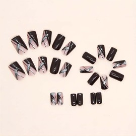 RUOKEXIN Acrylic Press on Nails, 24Pcs Medium Square Fake Nails with Glue, Wine Red Designs, Glitter Lines, Holiday Nails Stick on Nails for Women