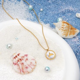 Lauren-Spencer Whale Tail Necklace for Women Gold Plated Dainty Circle Mother of Pearl Mermaid Dolphin Fish Tail Pendant Necklace for Women Summer Beach Ocean Surfer Jewelry Gift