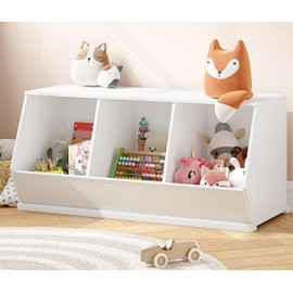 UTEX Toy Storage Organizer for Kids, Stackable Toy Storage Cabinet, Wooden Cubby Toy Organizer, White Toy Shelf for Playroom, Bedroom, Living Room, Nursery, 3 Cubes