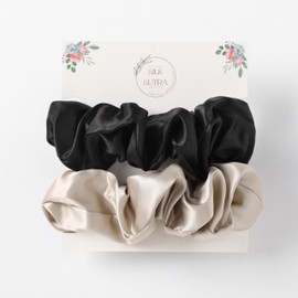Silk Sutra Hair Scrunchies for Frizz Prevention, 22 Momme 100% Mulberry Silk Hair Ties for Breakage Prevention, Elastic ponytail Holders (Black & Light Coffee (Large 2pcs))
