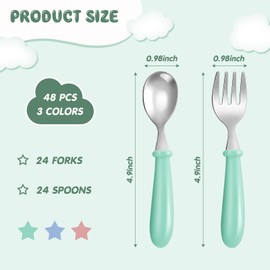 Dandat 48 Pcs Toddler Utensils Kids Silverware Set Stainless Steel Baby Forks and Spoons Toddler Safe Flatware Metal Kids Cutlery with Round Thick Grip Handles for Self Feeding, Dishwasher Safe