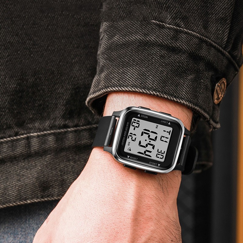Digital Watch EL Backlit Waterproof Multifunctional Stylish Square Watch for