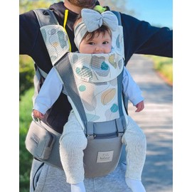 Bebamour Baby Carrier Newborn to Toddler-Baby Hip Carrier Front and Back Carry with Head Hood & 3 Pieces Teething Pads& Waist Extenders & Storage Bag (Grey)