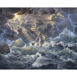 Saved by Grace Jesus Standing On Water Saving Man Panel Cotton Fabric David Textiles ML 3537, Blue