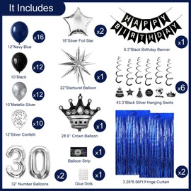 30th Birthday Decorations for Men and Women, Black Blue Silver Happy Birthday Number 30 Balloons, Banner, Fringe Curtains Garland Kit - 30 Year Old Party Supplies