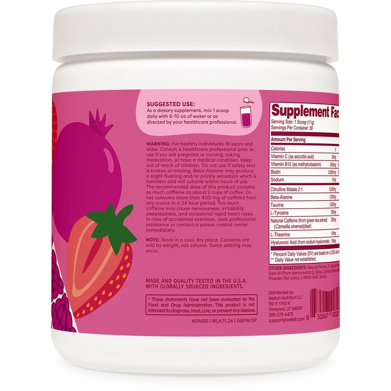 Wellah Get-Going Pre-Workout Drink Mix (Strawberry Pomegranate Flavored, 30 Servings)