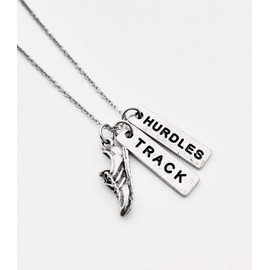 Pewter RUN TRACK HURDLES Necklace - Pewter Running Shoe Charm, Pewter TRACK Pendant and Pewter HURDLES Pendant on 18 inch Stainless Steel Cable Chain - All Pewter