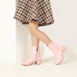 PANDANINJIA Alyssa Girls Fashion Boots Square-Toe Dress Boots Low Heel Ankle Booties with Zipper for Toddler Little Kids Big Kids (Pink Pu, 6 M US Big Kid)