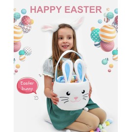 Lofytain Easter Basket Bags,Easter Eggs-Gift Baskets for Kids,Bunny Tote Bag Bucket for Easter Eggs,Toys, Candy,Gifts (Blue)