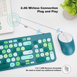 Wireless Keyboard and Mouse Combo, Retro Typewriter Keyboard with Round Keycaps, 2.4GHz USB Cute Wireless Keyboard Mouse for Computer, Desktop (Forest)