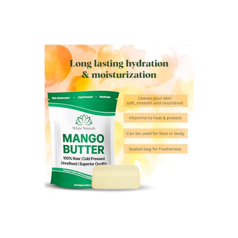 White Naturals- Mantequilla de mango sin refinar, 8 oz, humectante