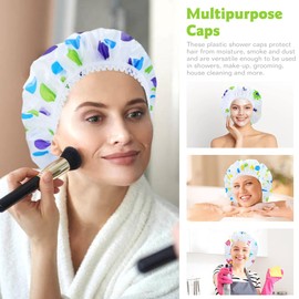 Yoosit 6 PCS Large Plastic Shower Caps Waterproof Bath Caps Reusable EVA Satin Lined Shower Hats Adjustable Bathing Hair Caps Bonnets for Women Girls (3 sun flowers + 3 dots)