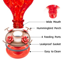 LaElvish Garden Hummingbird Feeders 32OZ Glass Hummingbird Feeder, 4 Perch Ant Moat Leakproof, Garden Decor (Red Lily)