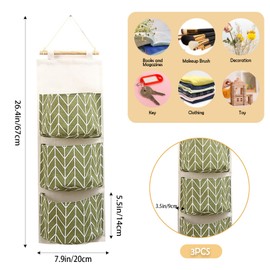 3-Pack Wall Hanging Storage Bags – Over-The-Door Organizers with 3 Large Pockets (6.3" × 5.1"), Hanging Closet & Pantry Organizer for Bedroom, Bathroom, Dorm, and More (Green)