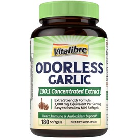 Vitalibre Odorless Garlic, 3,000mg Equivalent Per Serving, Extra Strength 100:1 Extract, Non-GMO, No Gluten, Heart & Immunity, Antioxidant Defense, 180 Softgels