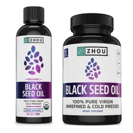 ZHOU Black Seed Oil & Capsules - Black Cumin Seed Oil Cold Pressed, Pure Unrefined Nigella Sativa, Premium Supplement for Health, Hair & Skin - 8 fl oz Bottle & 60 Capsules