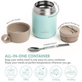 GRANDTIES Insulated Food Jar, 20 oz Wide Mouth Thermo BPA Free Stainless Steel Container for Hot Food with Carry Handle Bowl Cap & Foldable Spoon, Leakproof for Lunch To Go Meals (Powder Green)