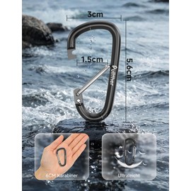 pullther Pack of 10 Aluminium Carabiner Hooks, 56 mm / 2.2 Inch Carabiner Large, Corrosion-Resistant D-Ring Carabiner Hook Keyring for Outdoor Sports, Hiking, Camping,