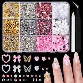 10000 Pcs Nail Charms and Gems:Pink Cute Bow Heart 3D Flower Charms for Junk Cases Kit;Gold Butterfly Charms for Nails Design,Nail Jewels Diamond Rhinestones for Nails; for Nails Art Pearls A