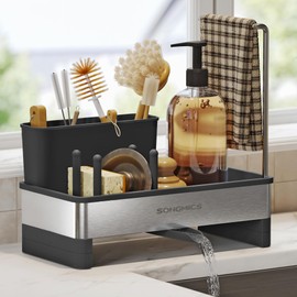 SONGMICS Kitchen Sink Caddy Tidy, Sink Organiser with Sponge Holder, Washing up Caddy for Brushes, Cloths, Soap, Stainless Steel, Space-Saving, Rotatable Spout, Ink Black and Silver KCS555BH01