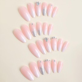 Pink Press On Nails - Almond Medium Length Fake Nails - 24 Pcs Silver Glitter Glue on Gradient Pink Full Cover Artificial False Rhinestone Lines Stick Ons