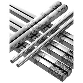 TINMARDA Metal Chopsticks Reusable 5 Pairs Stainless Steel Chopsticks Dishwasher Safe Square Lightweight Non-Slip Chop Sticks Present Set (Silver)