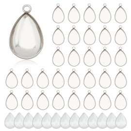 PH PandaHall 100pcs Bezel Pendant Blanks- 50pcs Drop Pendant Trays Photo Charms Cabochons Blanks with 50pcs Glass Cabochons Clear Dome for Wedding Bouquet Graduation Cap Jewelry Making, 0.69x0.4inch
