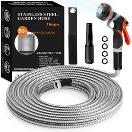 TOFFCAEA 304 Stainless Steel Garden Hose, Water Hose 50FT with 8 Function Nozzle, Tough & Flexible, Lightweight, No Kink, Metal Garden Hose for Yard, Rv, Garden, Outdoor (50FT)