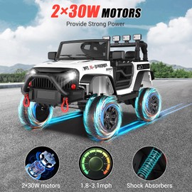 Hikole 12V Electric Jeep Car Ride on Kids 1 Seater Power Wheels Toys Truck with Music Bluetooth Battery Led Lights Safety Belt Foot Pedal Remote Control Dual Steering Shock System for Big Boys Girls