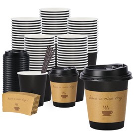 BYSNOW 100 pack 12 oz Thickened Coffee Cups with Lids, Scald Resistant Hot Cups with Sleeve and Straw, To Go Coffee Cups for Home, Office, Cafes and Party (Black 12oz)