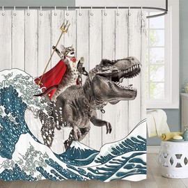 Funny Cat Shower Curtain, Cool Cat Dinosaur Japanese Ocean Wave Shower Curtain, Cat Riding Dinosaur Fun Shower Curtain Nautical Kids Children Rustic Wooden Farmhouse Shower Curtain, 72X75inch, Brown