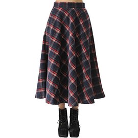 TEERFU Women's Fall Winter Plaid Pleated Warm Thicken Wool Woolen Long Skirt Skirts, Red, UK 14 (Size tag 2XL, Waist 33.8'')