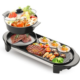 BOEASTER 2 in 1 Electric Smokeless Hot Pot with Grill, 2200W Removable Hotpot Pot, Korean BBQ and Shabu Indoor Combo,Non-Stick Skillet Pan, Dual Adjustable Temperature, 1-6 People