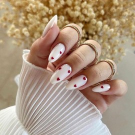 Medium Press on Nails Almond Valentines Fake Nails with Red Hearts Design Glue on Nails Milky Full Cover Nails Press ons Glossy False Nails Valentine's Day Artificial Stick on Nails for Girls 24 Pcs
