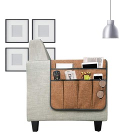 Anti-Slip Couch Sofa Armrest Organiser Chair Bedside Storage Pocket TV Remote Holder Bed Storage Pocket Bag for Cellphone Notepad Book Magazines Holder Pouch (#B3-Brown (cotton + linen fabric))