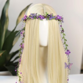 MOSTORY Purple Flower Elf Crown - Woodland Fairy Headpiece with Butterflies for Renaissance Faire Accessories Women, Forest Fairy Crowns for Renfaire Cosplay Fantsay Fairycore