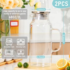 2 Pcs Glass Pitcher with Lid and Spout, Glass Carafe for Hot/Cold Water with Handle, Iced Tea Pitchers Beverage Pitchers for Fridge Coffee, Juice and Homemade(Stainless Steel,68 oz)