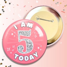 Fun Birthday Badges for All Ages – Novelty Gifts for Men, Women, Boys & Girls – Perfect Party Accessories & Celebration Pins (5th Birthday Pink)