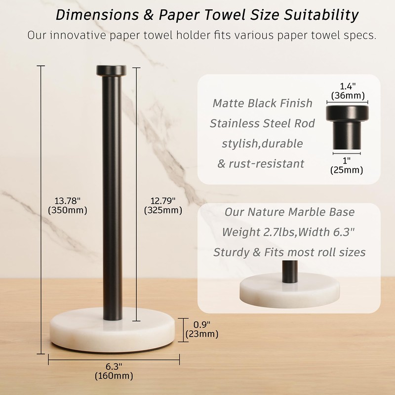 Kitchen Paper Towel Holder Countertop, Black Stainless Steel Rod, White