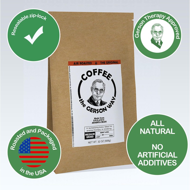 Coffee The Gerson Way, Organic Air-Roasted Ground Arabica Beans, Resealable